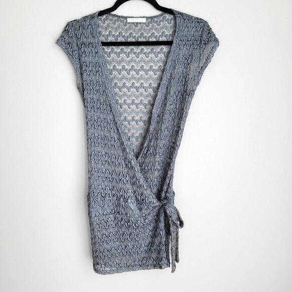 Promod Gray Metallic Knit Crochet Lace Wrap Cap Sleeve Cardigan - Picture 1 of 8